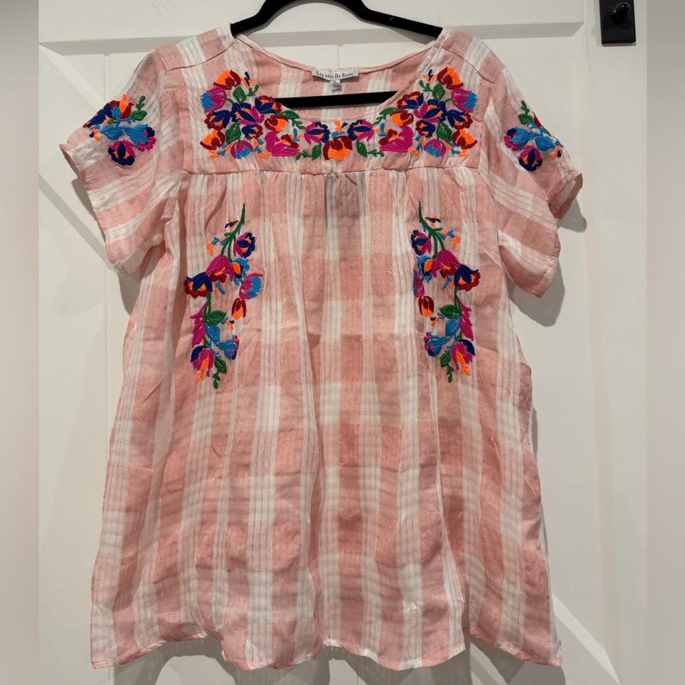 See and Be Seen Pink Striped Embroidered Blouse 💯 % Cotton